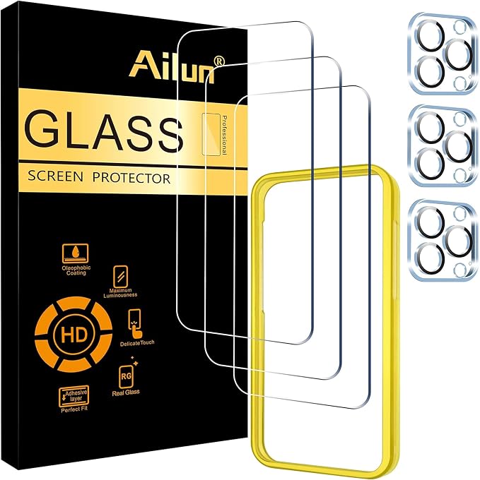Ailun Screen Protector + Camera Lens Protector for iPhone 15 Pro, 3+3 Pack | 6.1 inch, Installation Frame, Case Friendly, Tempered Glass, HD by Ailun