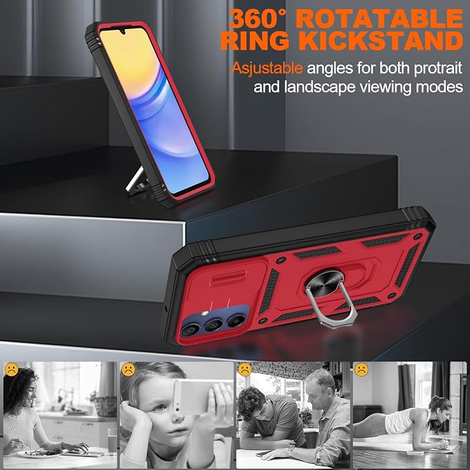 for Samsung Galaxy A15 5G Case with 2PCS Screen Protector, Build in 360° Rotating Ring Kickstand, Military Grade Protective Case for Samsung A15 Phone, Red+Black - Image 7