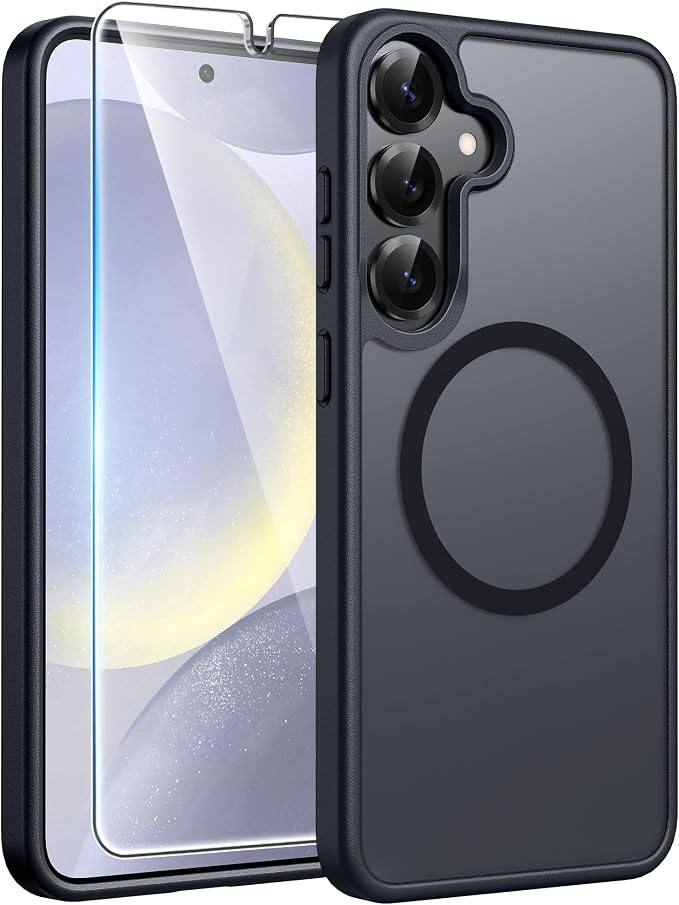 FNTCASE for Samsung Galaxy S25/S24 Case, Fit for Magsafe, Screen Protector | Translucent Matte Magnetic Back, 14FT Military Grade Drop Protection, Shockproof Protective Phone Cover, Black by FNTCASE