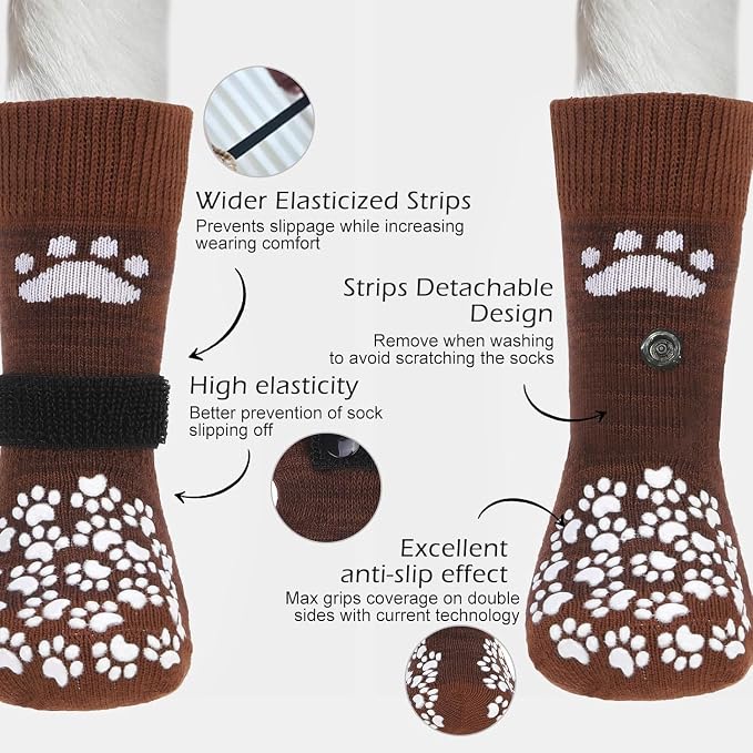 EXPAWLORER Anti Slip Dog Socks to Prevent Licking Paws, Dog Shoes for Hot Pavement, Dog Booties for Small Medium Large Senior Dogs, Traction Control Boots & Paw Protectors for Hardwood Floors Coffee - Image 2