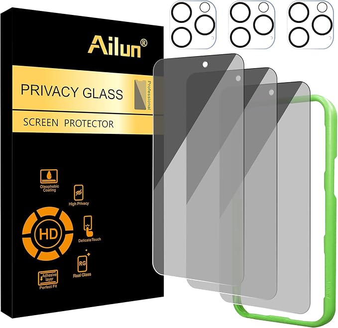 Ailun Privacy Screen Protector + Camera Lens Protector for iPhone 16 Pro | 3+3 Pack, 6.3 Inch, Installation Frame, Dynamic Island Compatible, Anti Spy Tempered Glass, Case Friendly by Ailun