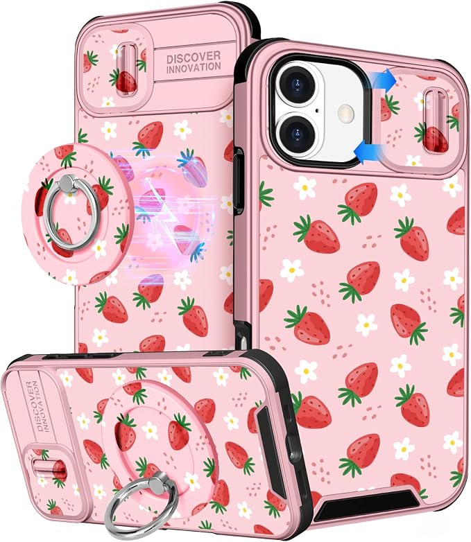 Buleens for iPhone 16 Plus Case 6.7 Inch - with Ring Stand & Camera Cover Aesthetic Cute Designed for Women Girls Pretty Girly Kawaii Strawberry Phone Case for iPhone 16 Plus Compatible with Magsafe by Buleens