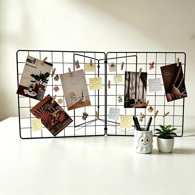 Foldable Desktop Photo Display Rack & Grid Display Board, Fold Flat for Easy Storage with 20 Wooden Clips – Photo, Accessory & Handcraft Display Organizer for Home Office Black by Unknown