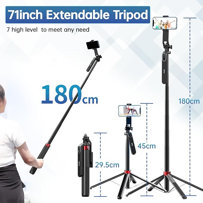 ULANZI MA09 Phone Tripod, 71" Selfie Stick for Luna Gopro Pocket4 Action | Cell Phone Tripod Stand w rechargeable remote, Handheld Shooting, 360° Rotating, 1/4'' Screw for Selfie Video, iPhone Android - Image 3