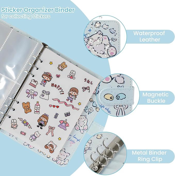 Reusable Sticker Book Collecting,A5 Binder Album Storage Organizer with Blank Release Paper and Pocket for Adult Kids,Cartoon Leather Binder Cover & Magnetic Buckle Closure(Blue) - Image 2