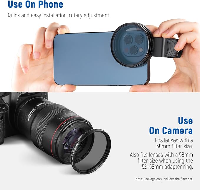 NEEWER 58mm Lens Filter Kit with Clip, CPL + ND32 + Starlight + 4 Graduated Colors, Compatible with iPhone 17 16 16e 15 14 Pro Max Canon Nikon Sony Camera | CPL + ND32 + Starlight + 4 Graduated Colors, Compatible with iPhone 17 16 16e 15 14 Pro Max Can... - Image 6