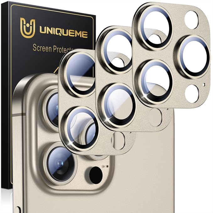 UniqueMe for 3 Pack iPhone 15 Pro/15 Pro Max Camera Lens Protector-All-Gold | Drop Protection, Case Friendly, Camera Cover Screen, Update New Version by UniqueMe