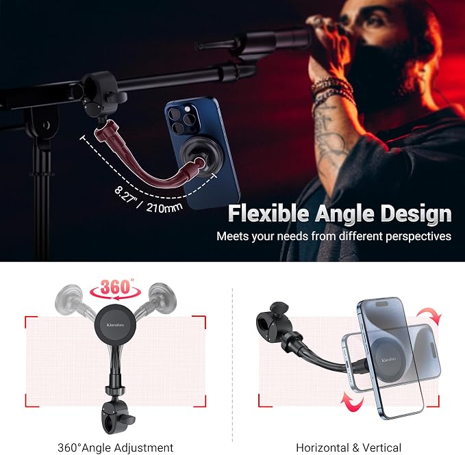 Magnetic Mic Stand Phone Holder w Removable Gooseneck Magnetic Phone Clip | for MagSafe Clamp Mount Phone Holder,360° Adjust Microphone Music Stand Phone Holder Clip for Smartphones Treadmill Stroller - Image 5