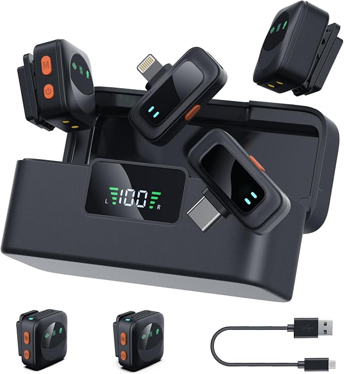 Ai Mini Mic Wireless Lavalier Microphone System (2TX+2RX+Case), Magnetic & Clip-On Microphone for iPhone, Android, Vlogging, Studio-Quality Sound, 48H Battery, Ai Noise Cancelling (Black2) by Unknown