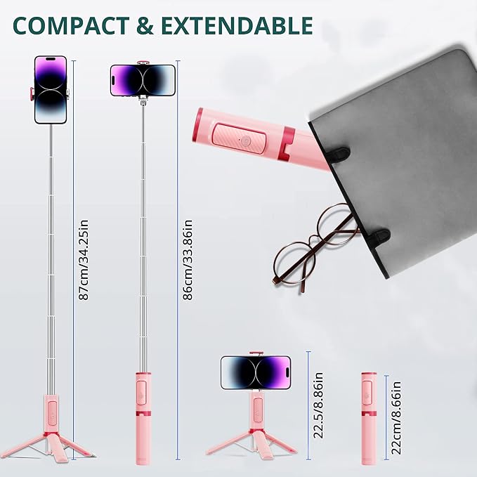 Selfie Stick, Foldable Cellphone Tripod with Remote, Travel Tripod for iPhone Series Android, Video Recording - Pink - Image 2