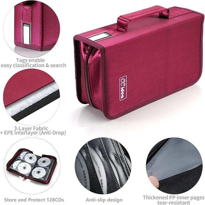 CCidea CD Case DVD Storage Holder, 128 Capacity DVD Cases Organizer CD Plastic Protective Carrying Binder,Portable Cd Wallet for Home Travel (Red), 128-red, L11.4 xW 6.4 x H3.5 INCH, Beauty Case - Image 7