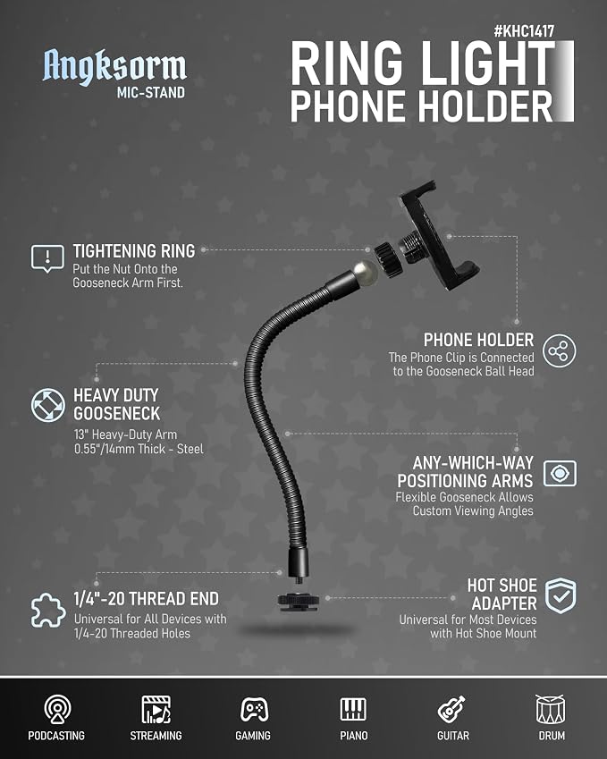 KHC1417 Phone Holder for Ring Light, 9-Inch Gooseneck, Hot Shoe Mount | Ring Light Phone Mount, Camera Hot Shoe Phone Holder, 1/4-20 Tripod Mount, 9-Inch Gooseneck, Cell Phone Clamp - Image 2
