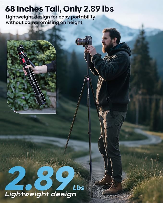 CAMBOFOTO 68" Heavy Duty Tripod, Video Tripod with Fluid Head | Aluminum Camera Tripod, 1/4" Smooth Pan/Tilt Head for DSLR/Camcorders/Binoculars/Spotting Scope/Telescope, Load 8.8lbs - Image 4