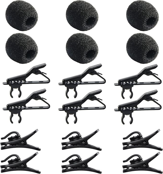 Lav Mic Clip Set 18 Pcs Lavalier Mic Clip Replacement Kit | 6 Foam Windscreen Cover, 6 Metal Lapel Microphone Clips, 6 Plastic Wire Clips, Lavalier Mic Clip Replacement Accessories by AUGSUN