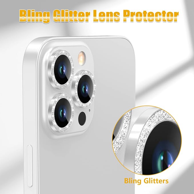 AGVEE 3+3 6 Pack for iPhone 13 Pro & Max Camera Lens Protector Cover | Individual Bling Diamond & Bling Glitter Sparkle Cute Gem Metal Ring, 9H Tempered HD Glass - Image 5