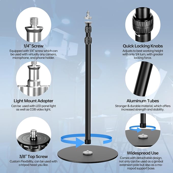 YP-400 Light Stand, 80” Monopod for Camera, LED Light, Heavy Duty Aluminum Alloy 36mm Tubes Metal Round Base with 1/4” Screw, 3/8” Screw & Light Mount Adapter Studio Stage - Image 3