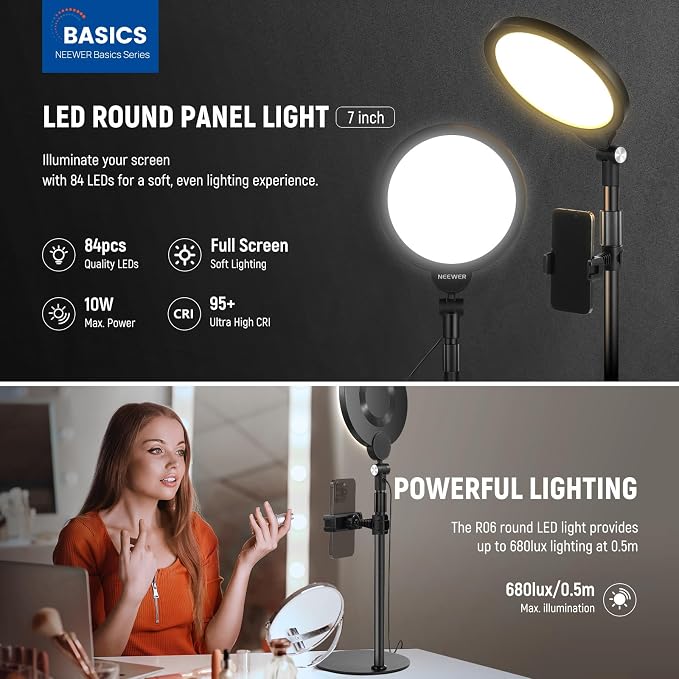 NEEWER Basics 2 Pack 7" Desktop Ring Lights for Video Recording, 10W Dimmable Full Screen Key Lighting with Desk Stands & Phone Holders for iPhone Computer Laptop Vlog Streaming Video Conference, R06 - Image 4