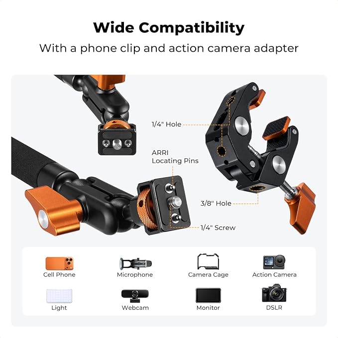 K&F CONCEPT 22" Magic Arm Clamp Kit, Overhead Desk Camera Mount, Long Articulating Friction Boom Arm for Phone, Action Camera, LED Light, Microphone | Long Articulating Friction Boom Arm for Phone, Action Camera, LED Light, Microphone, MS63 - Image 3