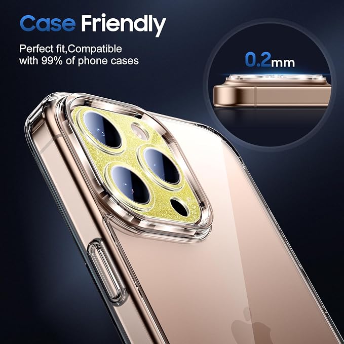 UniqueMe for Phone 16 Pro/16 Pro Max Camera Lens Protector - Glitter Gold | 3 Pack-Drop Protection,Case Friendly,9H Tempered Glass,Camera Cover Screen,Update New Version - Image 6