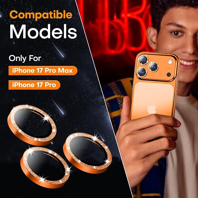 Camera Lens Protector for iPhone 17 Pro Max/17 Pro- Glitter Orange | 9H Tempered Glass, Metal Individual Camera Cover, Accessories, Anti-drop, Case Friendly, HD Clear, Anti-Scratch - Image 6