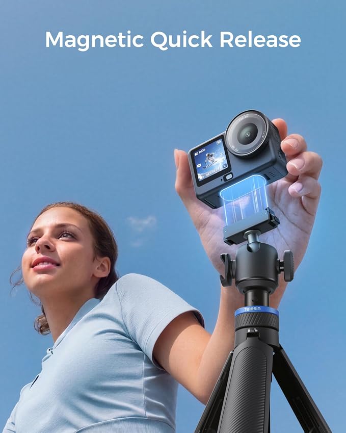 TELESIN 0.1s Auto Open Mini Selfie Stick Tripod for DJI Action Camera | 65cm/25.5in Magnetic Quick Release Tripod for DJI Osmo Action 6 / Nano / 360, Xtra 360 / Atto, Cold Shoe Mount,360° Ball Head - Image 3