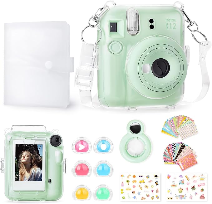 Rieibi Instax Mini 12 Accessories Gift Bundle: Clear Case with Strap, Photo Album, Selfie Mirror, Color Filters, DIY Stickers - Green by Rieibi