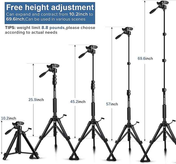 69" Camera Tripod Monopod with 3-Way Swivel Head, Aluminum Camera Stand | Camera Tripod with Quick Release Plate & Carry Bag, Fits Canon Nikon DSLR, GoPro, Video Cameras, Camcorders and Smartphones - Image 7