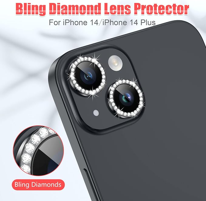 AGVEE 3+3 6 Pack for iPhone 14/14 Plus Camera Lens Protector Cover | Individual Bling Diamond & Bling Glitter Sparkle Cute Gem Metal Ring, 9H Tempered HD Glass - Image 4