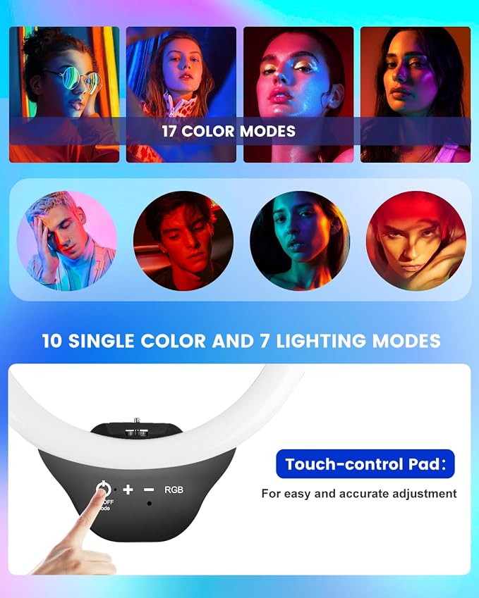 Sensyne 10'' RGB Ring Light with 50'' Extendable Tripod Stand, Circle Lights with Phone Holder for Live Stream/Makeup/YouTube Video/TikTok, Compatible with All Phones - Image 4