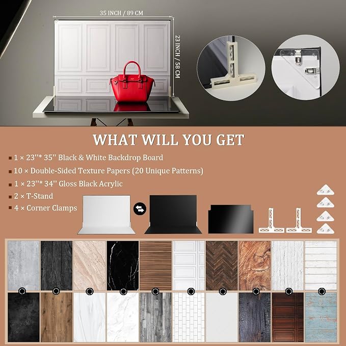 23 x 35 in Photo Backdrop Kit, 10 Sheets, 20 Patterns, Gloss Black Acrylic | Adds Mirror-Like Reflections and Depth to Food, Jewelry, Cosmetics and Other Product Photos and Videos - Image 2