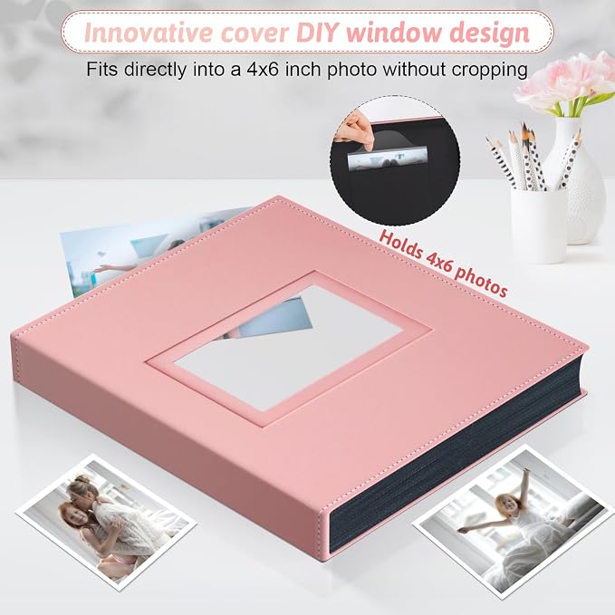 Popotop 4x6 Photo Album Holds 300 Pictures, Vegan Leather Hardcover | 300-Photos Capacity, Acid-Free PP Slip-In Pockets, Mixed-Orientation Layout, Front Photo Window, Gifts for Wedding Baby - Image 2