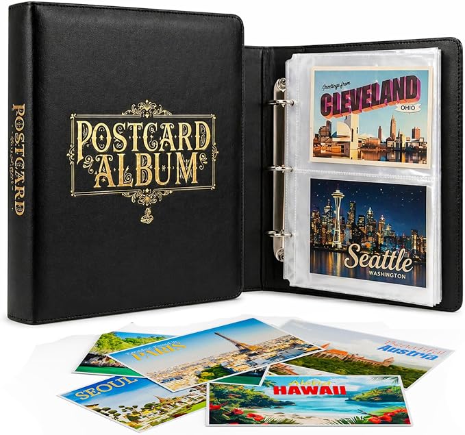 Postcard Album Holder with Sleeves, Post Card Album Book Storage Binder 4x6 | Elegant organizer, 50 archival sheets hold 200 postcards. Travel collection photo album book gifts idea for collectors by Alvorn