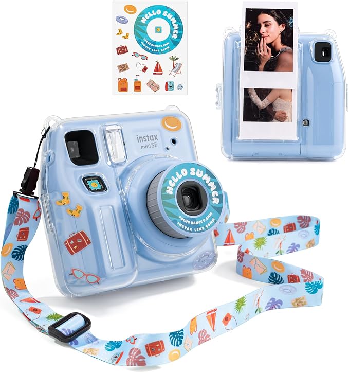 Fuji Mini SE Clear Case, Hard PC Protective Case for Instax Mini SE Instant Camera with Cute Cartoon Sticker & Adjustable Shoulder Strap - Blue Beach Sea by HIYQIN