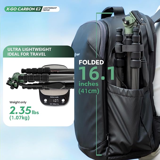 Fotopro 62" Carbon Fiber Travel Tripod, Lightweight Compact Video Tripods with Fluid Head, Detachable Monopod with Arca-Swiss Quick Release Plate and Bag, Camera Tripod Load up to 8KG/17.63lbs, Green - Image 2