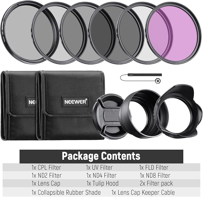 NEEWER 52mm ND Filter Kit and Lens Accessories, ND2 ND4 ND8 UV FLD CPL(Circular Polarizing) Filter Set with Lens Cap/Tulip Shaped Lens Hood - Image 8