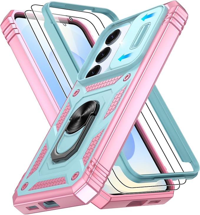 Gritup Fit for Samsung Galaxy S25 Case with Slide Camera Cover | 2 Pcs Screen Protector, Build in 360° Rotating Ring Kickstand, Military Grade Protective Phone Case, Green+Pink by Gritup