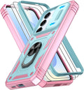 Gritup Fit for Samsung Galaxy S25 Case with Slide Camera Cover | 2 Pcs Screen Protector, Build in 360° Rotating Ring Kickstand, Military Grade Protective Phone Case, Green+Pink by Gritup