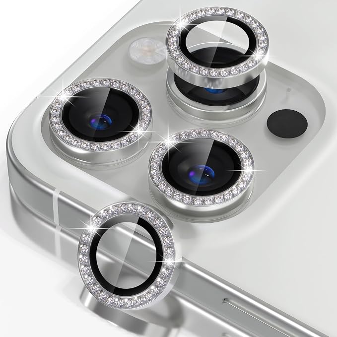 Misea Compatible for iPhone 16 Pro/iPhone 16 Pro Max Camera Lens Protector | 9H Tempered Glass Ultra HD Bling Camera Screen Protector Cover Metal Individual Ring Decoration Accessories, Silver Diamond by Misea