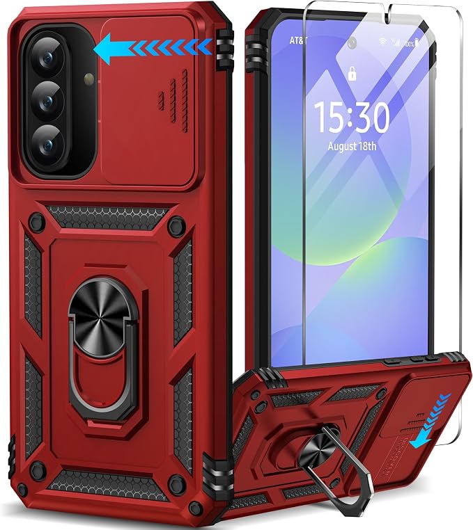 Taisairu for Samsung Galaxy A37 Case/A36 Case with Screen Protector & Slide Camera Lens Cover, Built-in Ring Stand Shockproof Protective Case for Samsung A37 5G Case/Samsung A36 5G Case (Red) by Taisairu