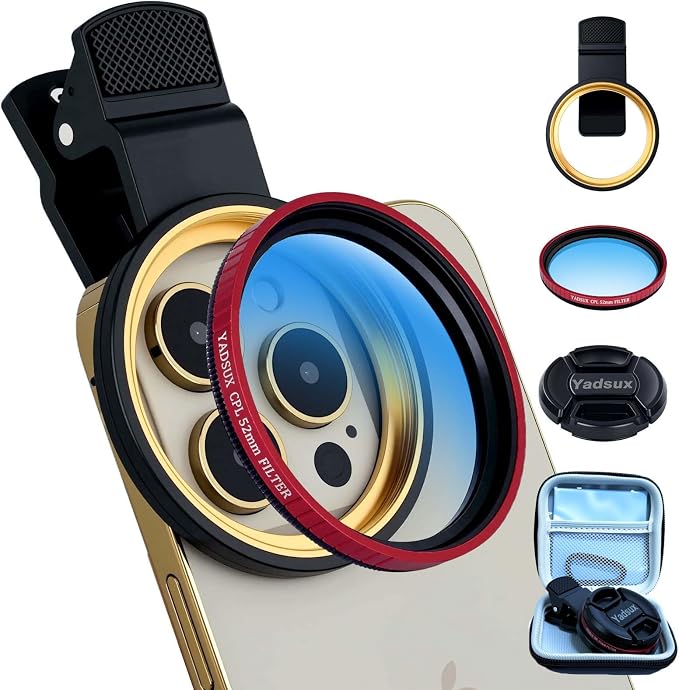 52mm Phone CPL Polarizer Lens Filter Kit, iPhone Camera Attachment, Compatible with iPhone 12-16 Pro/Pro Max (Red Filter) by Yadsux