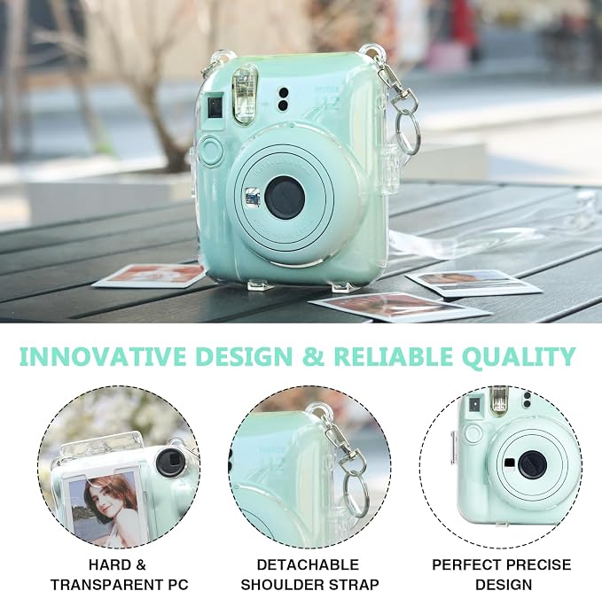 CAIYOULE Clear Camera Case For Fujifilm Instax Mini 12 Instant Film Camera | Crystal Camera Case for Instax Mini 12, Rigid PC Hard Camera Shell with Photo Storage, 2 DIY Stickers and Adjustable Strap - Image 3