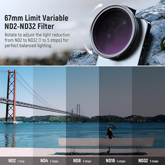 NEEWER 67mm Clip On Variable ND Filter Kit with Cold Shoe Phone Clip, Adjustable ND2-32 Filter Compatible with iPhone 17 16 15 Pro Max Plus Android Samsung Galaxy S24 S25 Ultra - Image 2