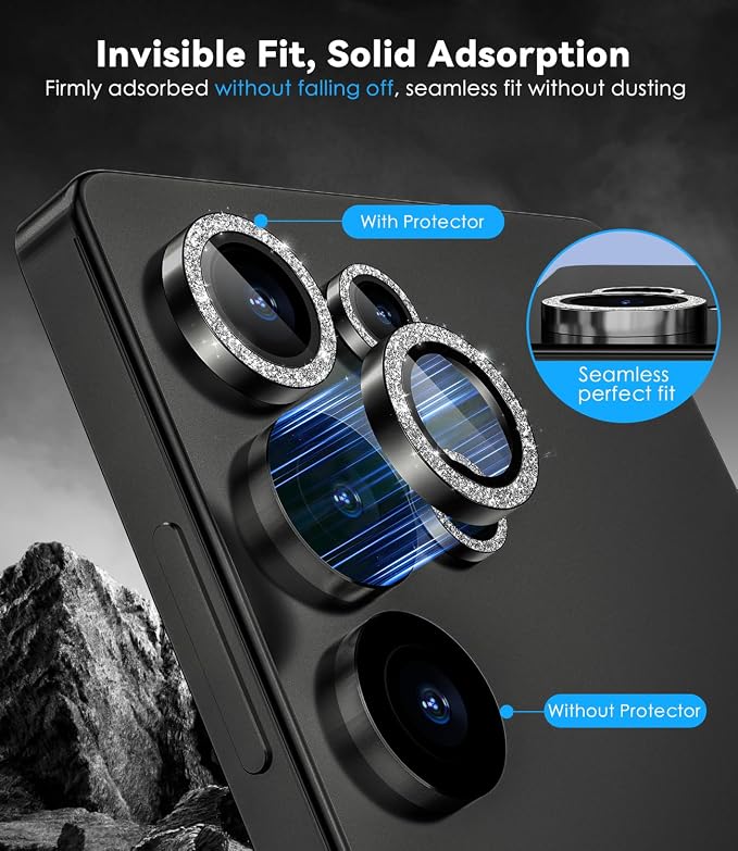 CloudValley for Samsung Galaxy S25 Ultra Camera Lens Protector Bling | 9H Tempered Glass + Aluminum Alloy Lens Protective [Glitter Decoration] Ultra-HD Tempered Glass Cover,Glitter Titanium Black - Image 4