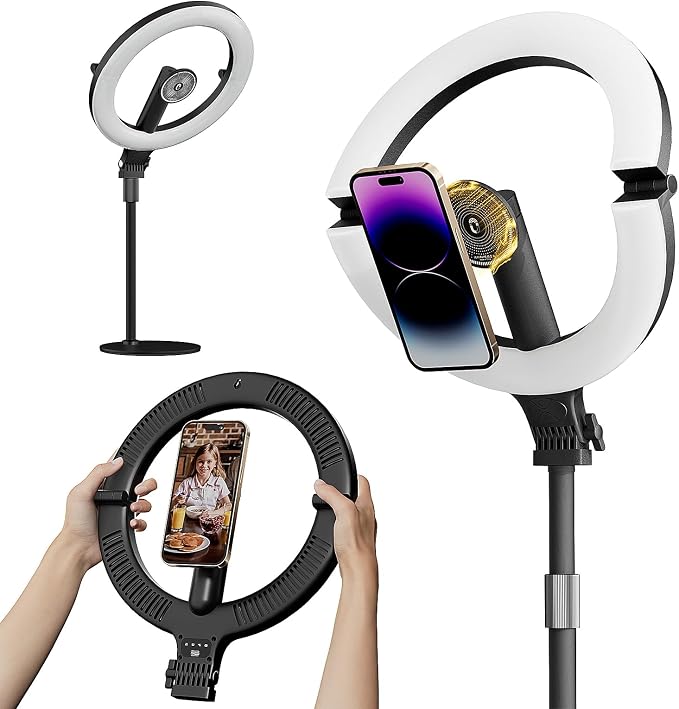 10" Magnetic Ring Light Overhead Camera Phone Mount, XINBAOHONG LED Selfie Light with Stand and Phone Holder, Rechargeable Desk Light for Video Recording（Standing） by XINBAOHONG