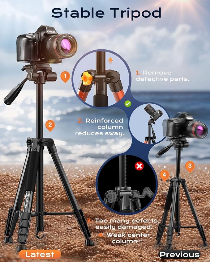 73" Camera Tripod for Camera and Phone, Aluminum Travel Tripod | DSLR Tripod with Phone Holder, Quick Release Plate, Travel Bag, Compatible with GoPro Camcorder, 8.8 lbs Load - Image 2