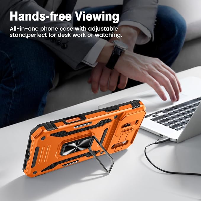 VEGO for iPhone 17 Pro Max Case with Slide Camera Cover and Kickstand | Privacy Tempered Glass Screen Protector & Ring Kickstand Military Grade Protection Cover for iPhone 17 ProMax - Orange - Image 8