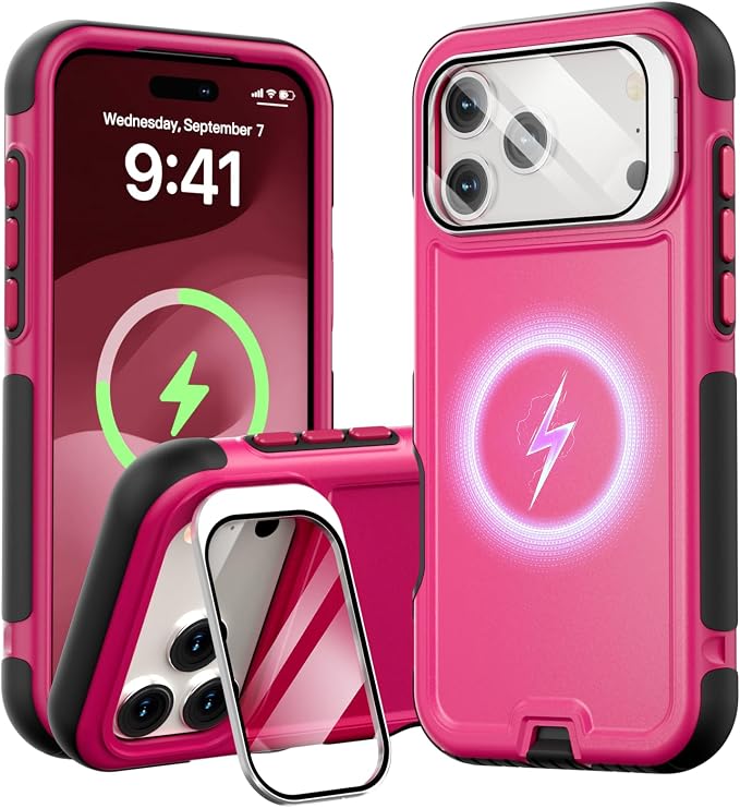 Follaroma Magnetic for iPhone 17 Pro Max Case with Camera Stand, Hot Pink | Built-in Glass Camera Cover Stand,Compatible with MagSafe,Heavy Duty Shockproof Protective,Military-Grade Anti-DropDual Case by Follaroma