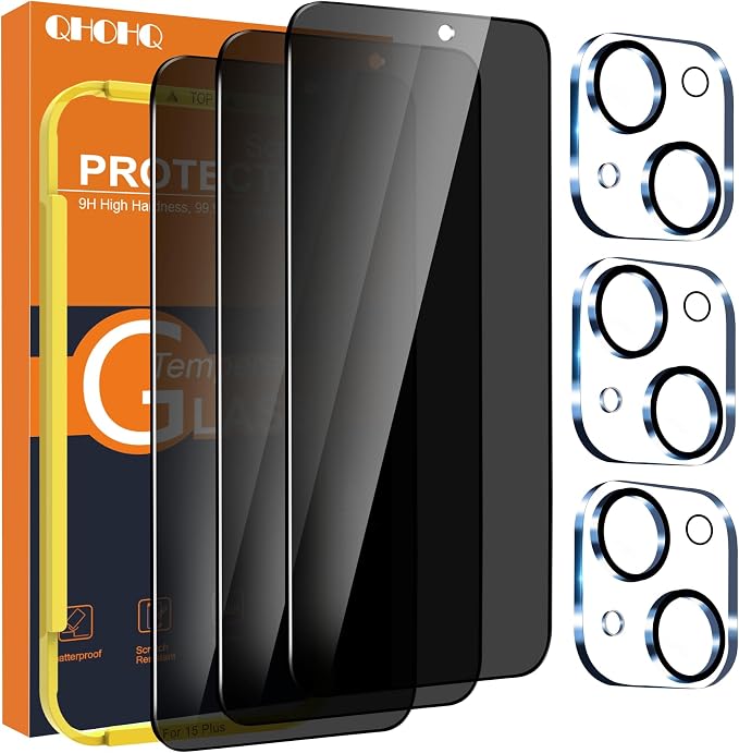 QHOHQ 3 Pack Privacy Screen Protector for iPhone 15 Plus [6.7 Inch] with 3 Pack Camera Lens Protector, Anti Spy Tempered Glass Film, 9H Hardness, HD, Bubble Free, Case Friendly - Black by QHOHQ
