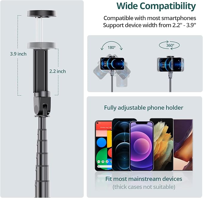 ATUMTEK 65" Selfie Stick Tripod, All in One Extendable Phone Tripod Stand with Bluetooth Remote 360° Rotation for iPhone and Android Phone Selfies, Video Recording, Vlogging, Live Streaming, Black - Image 5