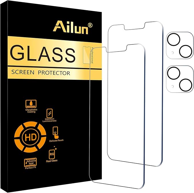 Ailun Screen Protector + Camera Lens Protector for iPhone 13, 2+2 Pack | 6.1 inch, Tempered Glass, HD by Ailun